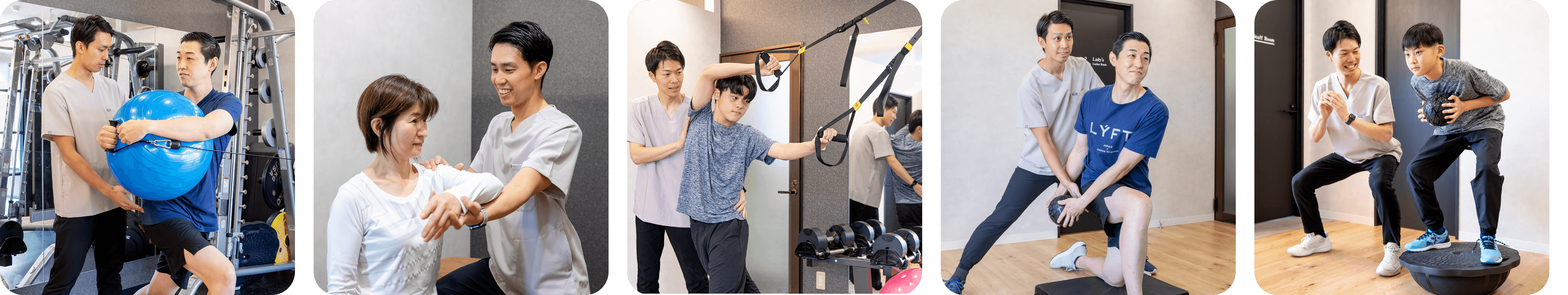 器具を使ったコーディネーショントレーニングの様子 / 女性のトレーニング前のメンテナンス風景 / 高校生のコンディショニングトレーニング風景 / 男性のトレーニング風景 / 小学生のコンディショニングトレーニング風景