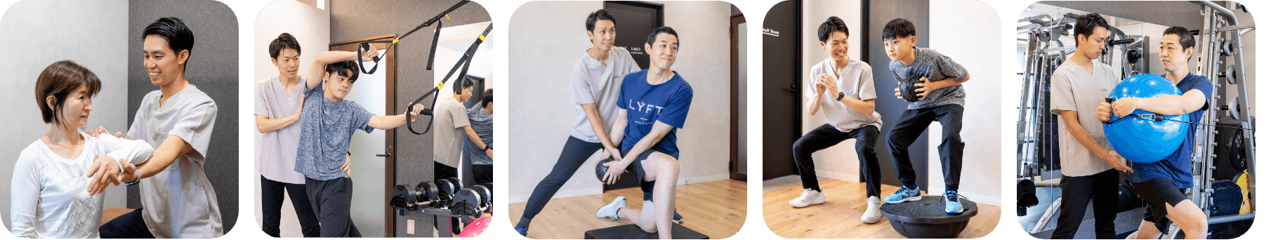 器具を使ったコーディネーショントレーニングの様子 / 女性のトレーニング前のメンテナンス風景 / 高校生のコンディショニングトレーニング風景 / 男性のトレーニング風景 / 小学生のコンディショニングトレーニング風景