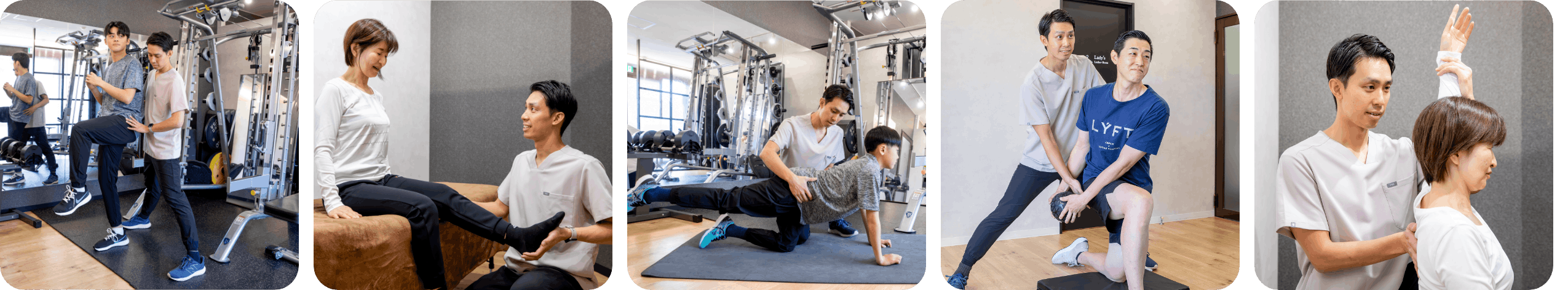 モビリティトレーニング / 膝再生トレーニングでの触診風景 / 体幹トレーニングの指導風景 / コーディネーショントレーニング / 触診での身体分析