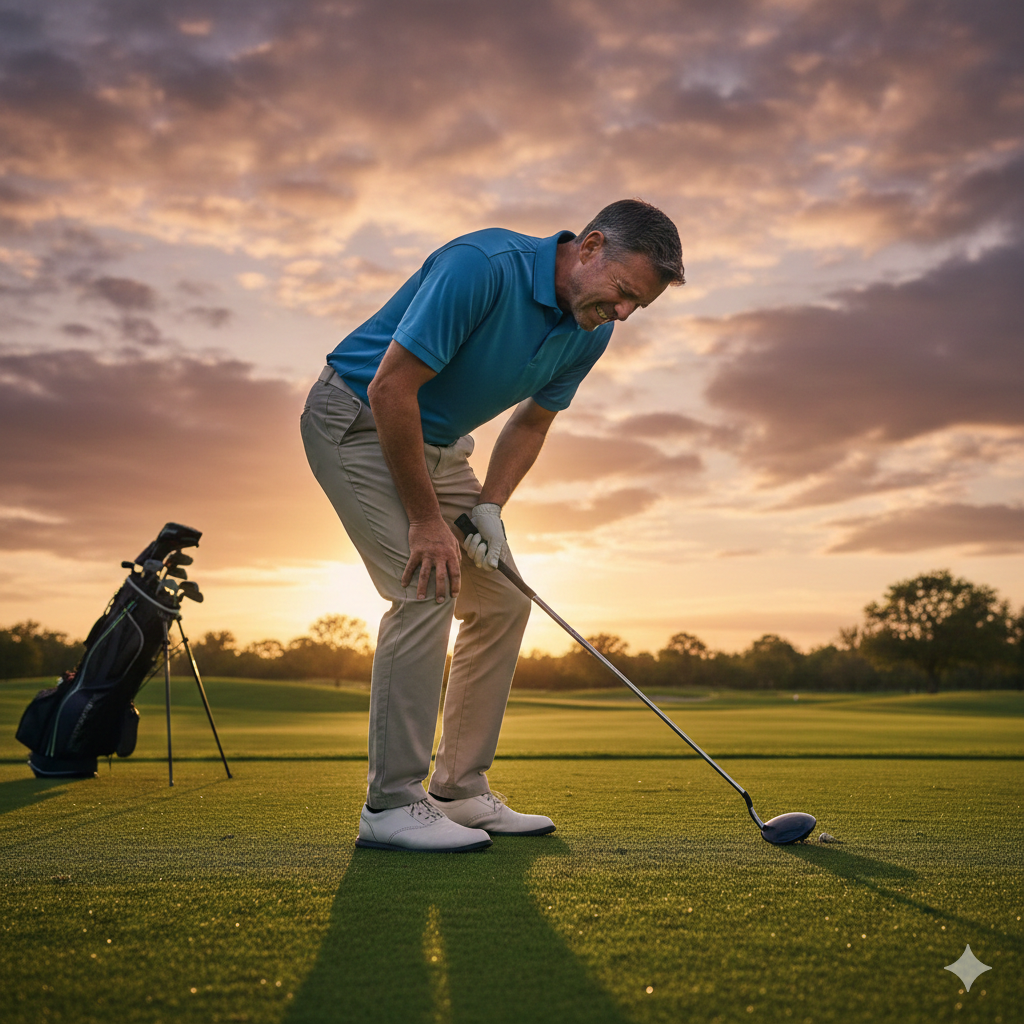 ゴルフ中に膝を痛めて苦しんでいる男性